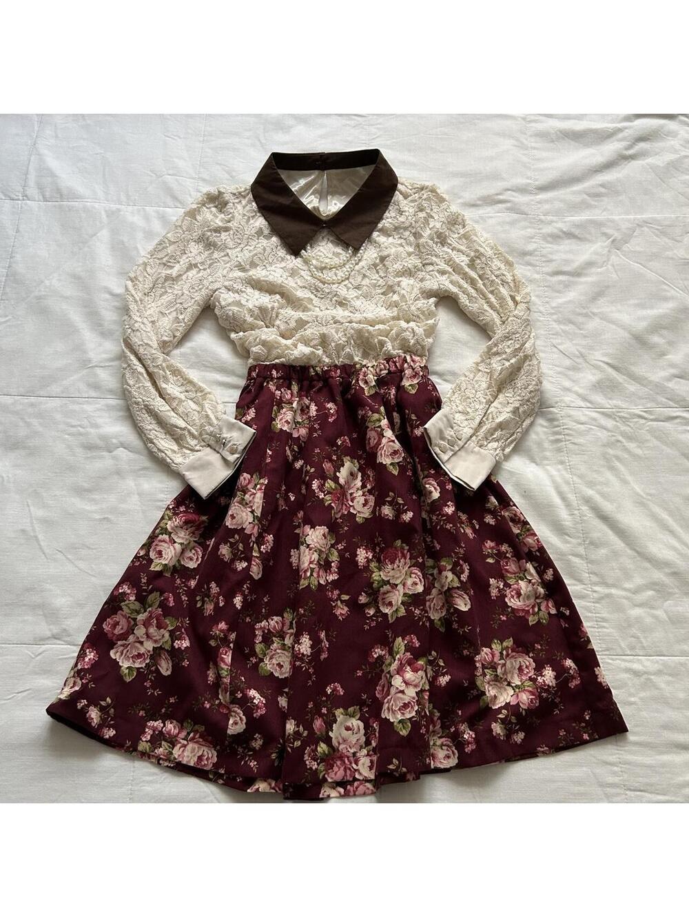 Axes Femme Burgundy Rose Floral Lace Pearl Collar Dress Medium Japan